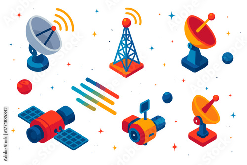 Vibrant Space Communication Icons. Isometric vector illustration set Deep Space Relay: Communication Dish, Signal Tower, Data