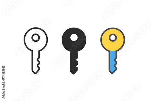 Minimalist Key Trio. Minimalist key icon: three identical simple keys in a row, first in line style with thin outline, second in