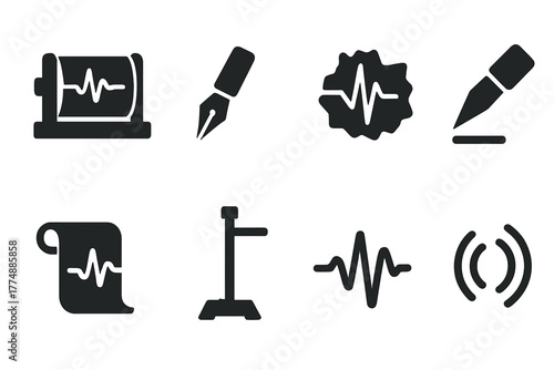 Vintage Seismograph Icons. Solid style icons of Vintage Seismograph: Drum, Pen, Wiggling Line, Earthquake, Needle, Paper Roll,