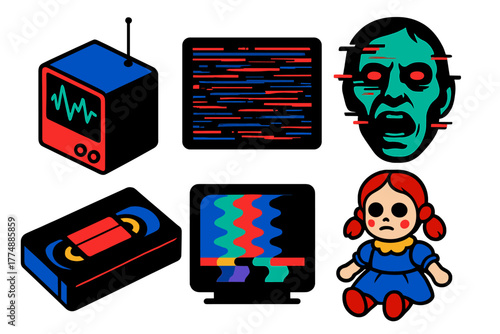 Analog Horror Icons. Isometric vector illustration set Analog Horror: Unknown Frequency, Static, Glitching Tape, Distorted Face,