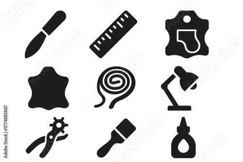 Modern Artisan Shoemaker Icons. Solid style icons of Modern Artisan Shoemaker: Cutting Knife, Measuring Ruler, Pattern Sheet,