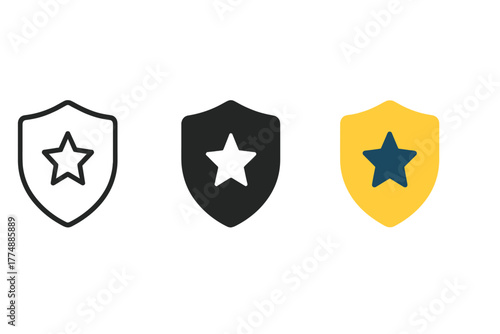 Trio of Star Shields. Minimalist shield with star icon: three identical shields with a small star in the center in a row, first in