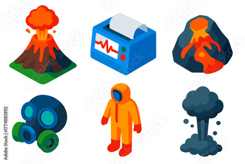 Volcanology Icon Set. Isometric vector illustration set Volcanology: Eruption, Seismograph, Lava Sample, Gas Mask, Protective Suit