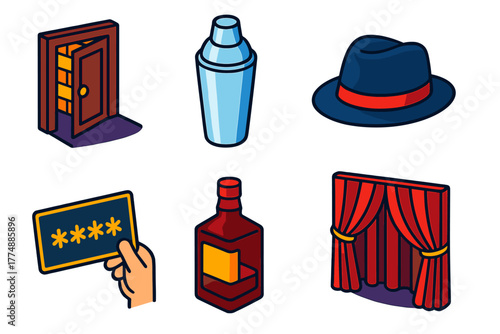 Speakeasy Icons Set. Isometric vector illustration set Speakeasy: Hidden Door, Cocktail Shaker, Fedora, Secret Password, Whiskey