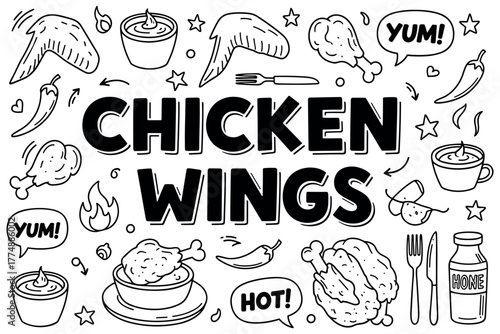 Chicken wings doodle art featuring sauces, spices, and expressions of flavor