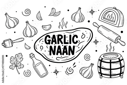 Garlic naan with ingredients: garlic, cilantro, naan, oven, bottle, rolling pin, butter, spice