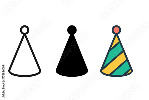 Minimalist Party Hats. Minimalist party hat icon: three identical cone-shaped hats with small pom-poms on top in a row, first in