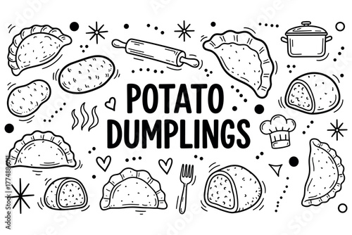 Black and white illustration of potato dumplings and cooking utensils