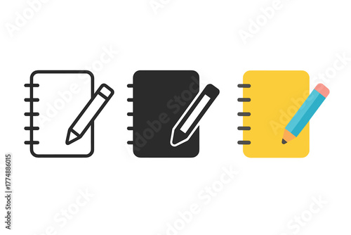 Minimalist Notebook Icons. Minimalist documentation icon: three identical notebook with pencil icons in a row, first in line style