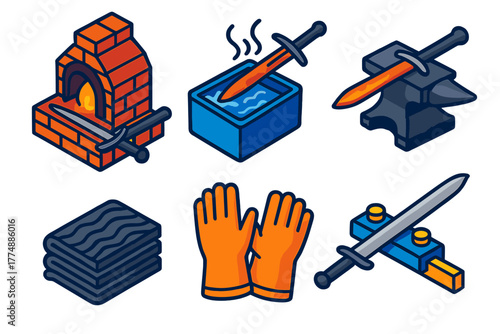 Swordsmith Icons. Isometric vector illustration set Swordmaking: Forge, Quenching, Anvil, Folded Steel, Heat-Resistant Gloves,
