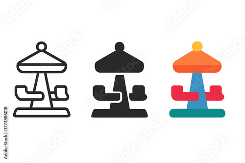 Spinning Ride Icons. Minimalist amusement ride icon: three identical spinning ride icons in a row, first in line style with thin
