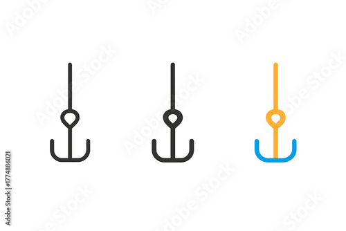 Cable Anchor Icons. Minimalist suspension detail icon: three identical cable and anchor icons in a row, first in line style with