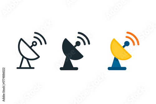 Varied Satellite Signals. Minimalist satellite signal icon: three identical satellite signals in a row, first in line style with