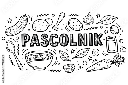 Hand-drawn food elements with pascolnik text: carrot, soup, potato, spices, onion