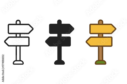 Trail Sign Variations. Minimalist trail sign icon: three identical directional trail sign icons in a row, first in line style with