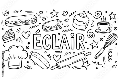 Éclair doodle art with pastry and baking elements