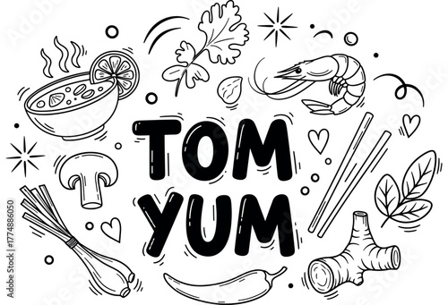 Tom yum ingredients illustration with herbs, shrimp, and spices