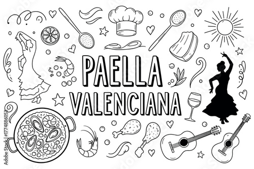 Paella valenciana black and white doodle with spanish cultural elements