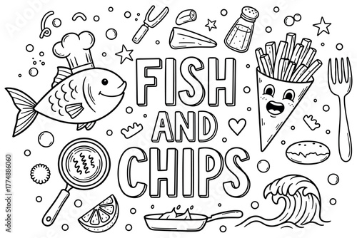 Fish and chips coloring page with cartoon elements and fun designs