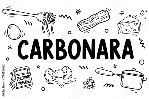 Carbonara ingredients: pasta, bacon, eggs, cheese, and pecorino romano