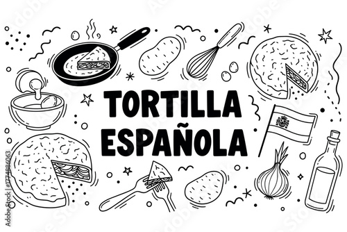 Illustrated recipe for traditional spanish tortilla española with ingredients and cooking utensils