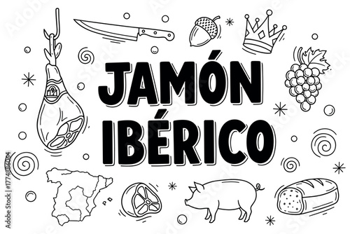 Jamón ibérico illustration with iconic spanish symbols and elements