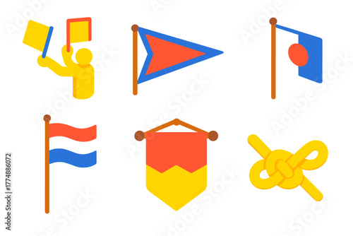 Vivid Vexillology Icons. Isometric vector illustration set Vexillology: Semaphore, Pennant, Flag Design, Pole, Heraldic Banner,