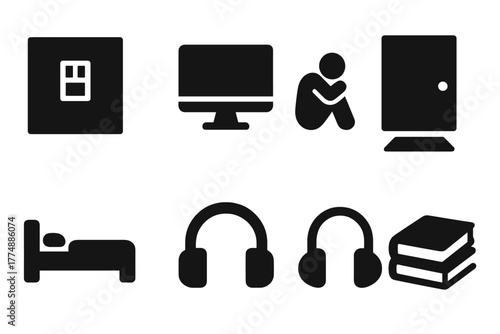 Quiet Confinement Icons. Solid style icons of Quiet Confinement: Room, Computer, Isolation, Light Under Door, Bed, Laptop,