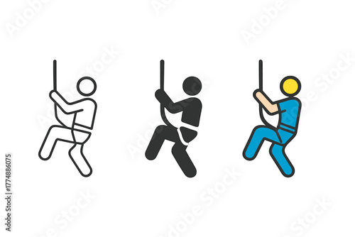 Climbing Rope Designs. Minimalist rope descent icon: three identical climbing ropes with harnesses in a row, first in line style