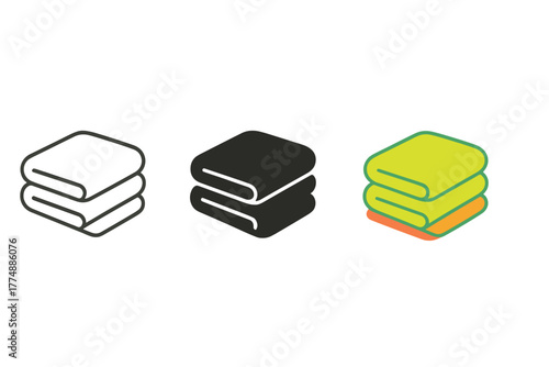 Futon Icon Trio. Minimalist futon icon: three identical folded futons in a row, first in line style with thin outline, second in