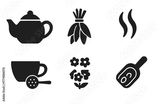 Herbal Tea Icons. Solid style icons of Herbal Brewing: Teapot, Herb Bundle, Steam, Dried Flowers, Cup, Strainer, Jar, Wooden Scoop
