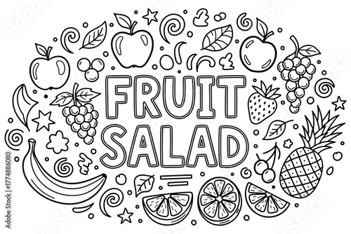 Black and white fruit salad doodle with apples bananas pineapples and berries