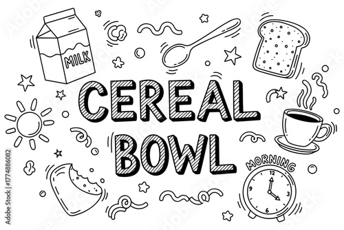 Black and white doodle art of cereal, milk, and breakfast elements
