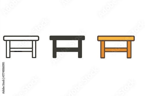 Minimalist Workbench Trio. Minimalist workbench icon: three identical wooden workbenches in a row, first in line style with thin