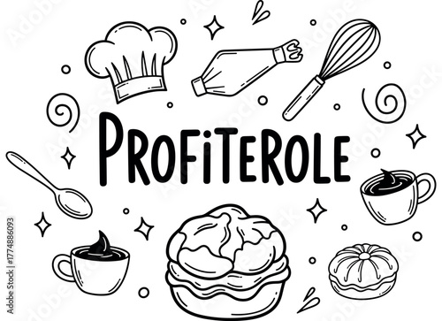 Profiterole design with baking utensils and coffee elements in black and white