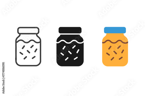 Topping Jar Icons. Minimalist topping jar icon: three identical jars with sprinkles and sauces in a row, first in line style with