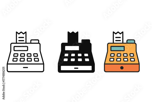 Minimalist Cash Register Icons. Minimalist cash register icon: three identical cash register icons in a row, first in line style