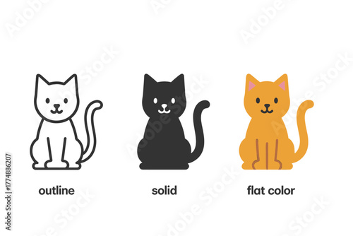 Minimalist Cat Icons. Minimalist cat icon: three identical sitting cats with tails curved upward in a row, first in line style