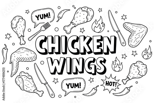 Black and white illustration of chicken wings with flavors and utensils
