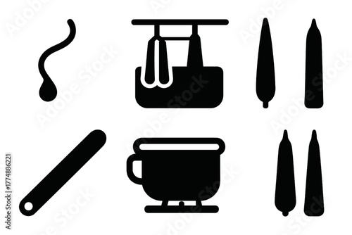Candle Making Icons. Solid style icons of Candle Dipping: Wick, Hot Wax, Repeated Dipping, Tapered Candle, Wooden Stick, Wax Pot,