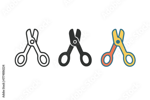 Pet Nail Clipper Icons. Minimalist nail clipper icon: three identical pet nail clippers icons in a row, first in line style with