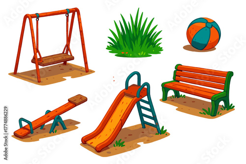 Forgotten Playground Icons. Isometric vector illustration set Forgotten Playground: Rusty Swing, Broken Seesaw, Overgrown Grass,