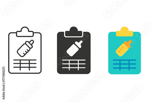 Minimalist Feeding Icons. Minimalist feeding schedule icon: three identical feeding charts in a row, first in line style with thin