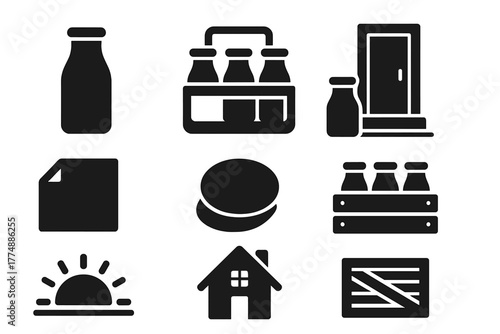 Vintage Milk Delivery Icons. Solid style icons of Vintage Milk Delivery: Glass Bottle, Carrier, Doorstep, Note, Cap, Wooden Crate,