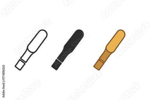 Bamboo Tea Scoops. Minimalist tea scoop icon: three identical bamboo tea scoops in a row, first in line style with thin outline,