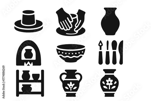 Traditional Pottery Icons. Solid style icons of Traditional Pottery: Clay Wheel, Wet Hands, Clay Vessel, Kiln, Decorative Bowl,