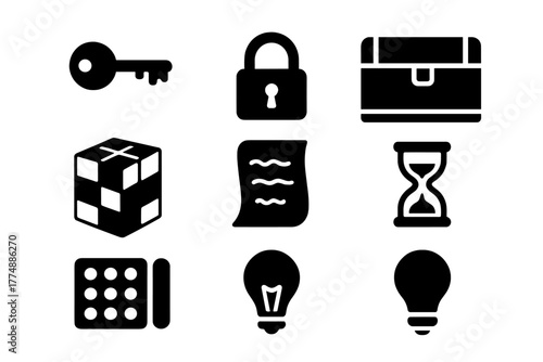 Escape Room Icons. Solid style icons of Escape Room Props: Key, Lock, Chest, Puzzle Box, Note, Hourglass, Code, Light Bulb, No