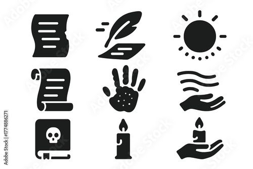 Paranormal Message Icons. Solid style icons of Paranormal Messages: Torn Page, Floating Pen, Mysterious Glow, Ancient Scroll,