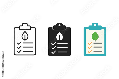 Survey Icons in Styles. Minimalist environmental study icon: three identical clipboard with survey icons in a row, first in line