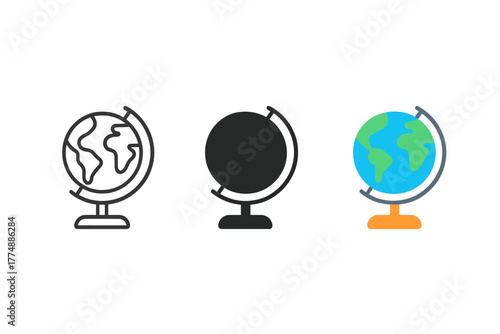 Minimalist Globe Trio. Minimalist globe study icon: three identical globes on stands in a row, first in line style with thin